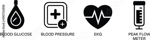 Medical Diagnostic Icon Set Featuring Blood Glucose Test Blood Pressure Monitor EKG Heartbeat Rhythm and Peak Flow Meter Respiratory Health Illustrations