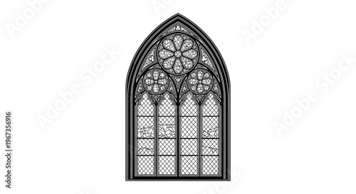 An ornate gothic window frame is displayed against a white background showcasing intricate detailing as a silhouette high quality professional detailed