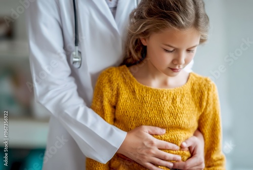 A caring doctor comforts a young girl in a cozy setting. The child is wearing a warm sweater and shows a thoughtful expression. The image represents compassion and health care. AI