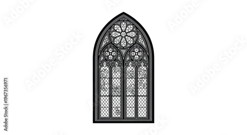 An intricate black gothic window design with detailed tracery and pointed arches presented as a silhouette high quality professional modern elegant