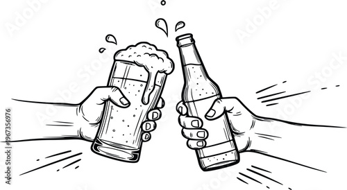 Beer cheers hand drawn sketch vector with glass and bottle for party and festival design on white