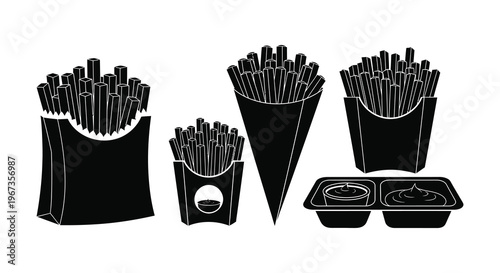 A collection of french fries in paper containers and on a tray presented as a bold silhouette high quality professional detailed