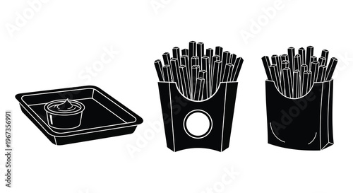 A stark black and white illustration depicting french fries and dipping sauce in a minimalist silhouette high quality professional detailed modern elegant stylish