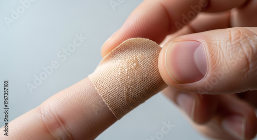 Close-up of A Persons Finger with A Beige Adhesive Bandage, Symbolizing Care and Healing Concept Healthy Lifestyle