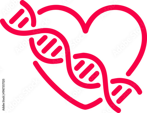 Abstract red DNA helix intertwined with a heart symbol, representing genetic love, health, and the science of life