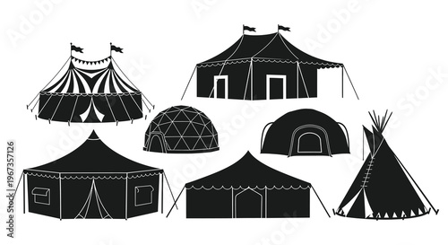 A collection of various tent and structure silhouettes including a circus tent and teepee in black silhouette high quality professional detailed