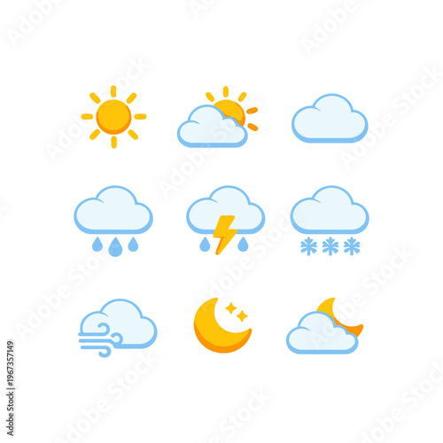 Weather icons depicting sun, clouds, rain, and moon, suitable for weather forecasting apps, websites, presentations, and educational materials.
