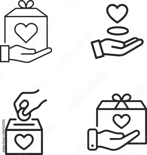 Collection of four line art icons representing charitable giving, donations, and acts of kindness with hearts and gift boxes.
