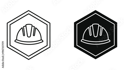 Contrast between light and dark safety helmet icons in hexagon badges