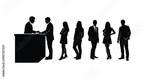 A group of business professionals are depicted in a stark black silhouette showcasing a modern interaction silhouette high quality professional detailed