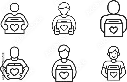 Set of six simple line art icons depicting diverse individuals holding donation boxes with heart symbols, representing charity and giving.