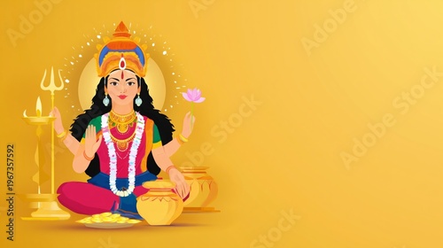 Hindu Goddess Sitting on Floor With Pots and Lamp During Festival