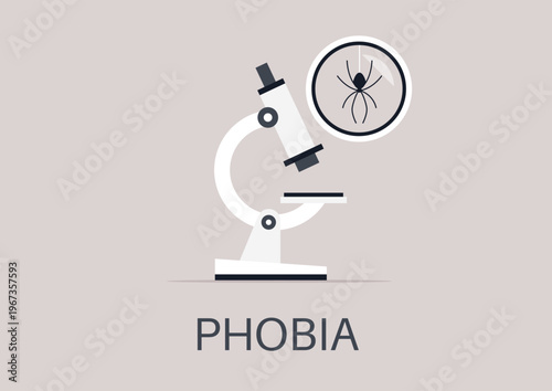 This scene highlights a microscope focused on a spider image, symbolizing the study of phobias and the inner workings of the human mind in a simple yet captivating setting.