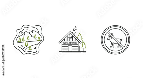 Set of linear icons representing national park, ranger station and no wildlife sign