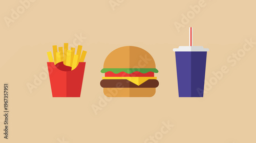 Fast food meal with burger fries and drink.