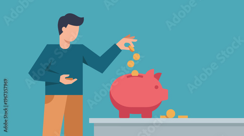 Man putting coins into a piggy bank for saving money.