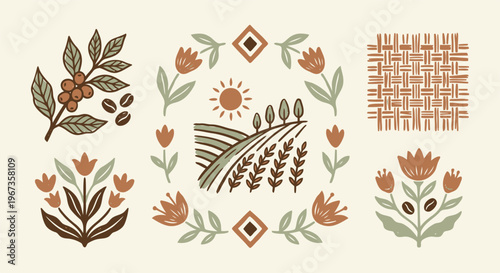 Rural icons of wheat, coffee, tulips, and a field. Suitable for agricultural or naturethemed designs, banners, or marketing materials.