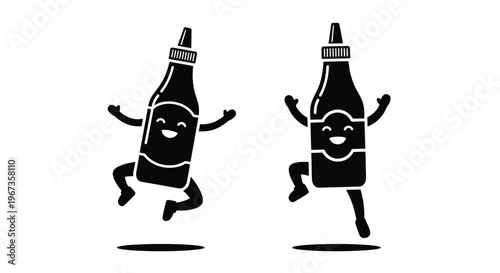 Two cheerful hot sauce bottles playfully jumping a fun silhouette on transparent background