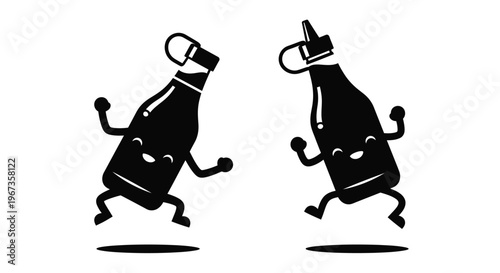 Two anthropomorphic sauce bottles playfully running on transparent background silhouette