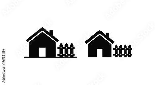 Two houses with picket fences a simple black silhouette on transparent background
