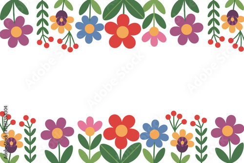 A colorful flower border illustration with vibrant floral patterns and green leaves