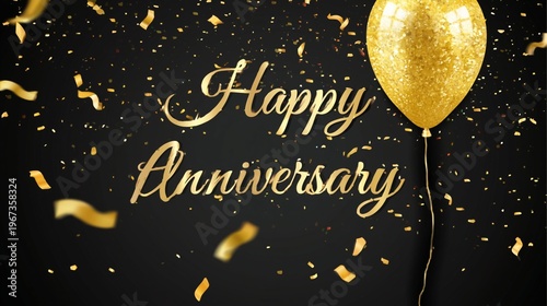Celebration of Anniversary With Golden Balloon and Confetti on Dark Background