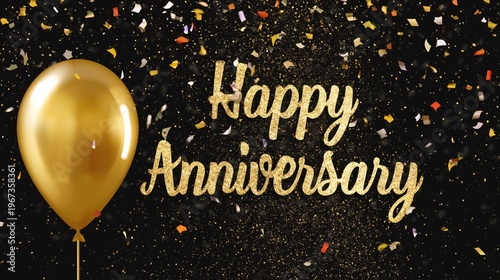 Celebration of Anniversary With Golden Balloon and Confetti on Dark Background