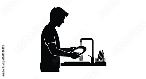 A stark black silhouette depicts a person washing dishes at a kitchen sink emphasizing domestic routine silhouette high quality professional detailed