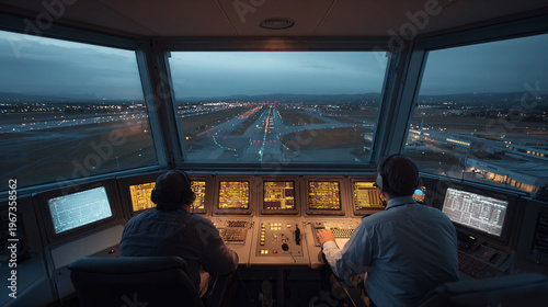Two men working in airport control tower at night, monitoring runway lights and city skyline Concept of air traffic control, aviation, and logistics