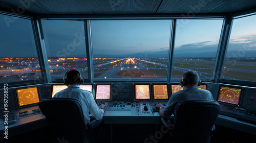 Two male air traffic controllers working in a control tower at dusk, monitoring radar screens and runway lights Concept of aviation, safety, and technology
