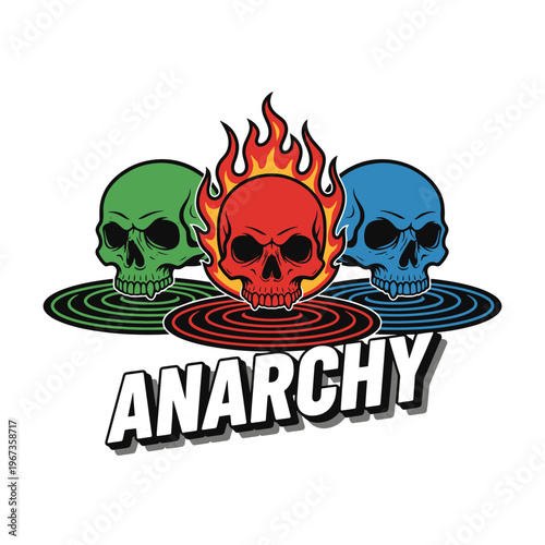 Three colorful skulls with fire and record disc backgrounds for anarchy style vector illustration.