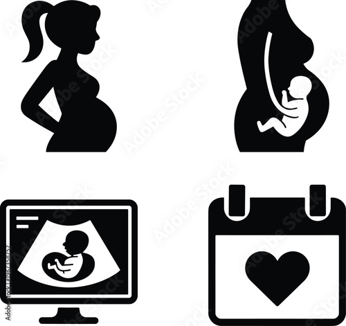 Pregnancy Icon Set Featuring Pregnant Woman Silhouette Fetal Development Ultrasound Screen And Heart Calendar For Prenatal Care And Maternity Health