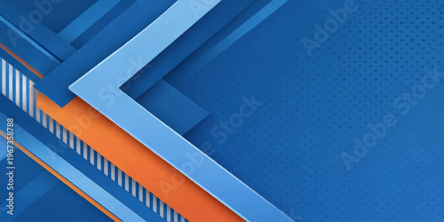A 3d geometric vector pattern features blue and red accents over a blue and white striped background to create a modern architecture design for a glass office building interior wall structure