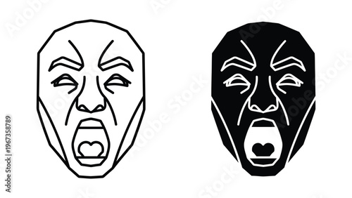 Contrast of a neutral and an intense stylized facial expression mask