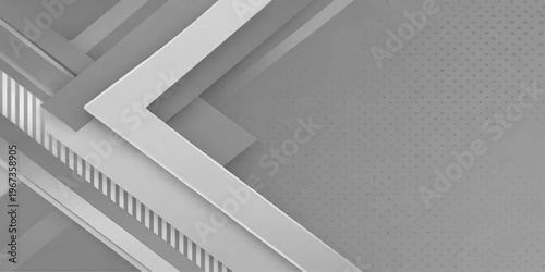 Futuristic 3d render of an abstract metal background texture featuring geometric white lines within an empty office building corridor and professional business interior space