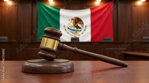 Wooden gavel on a desk in front of a mexican courtroom flag
