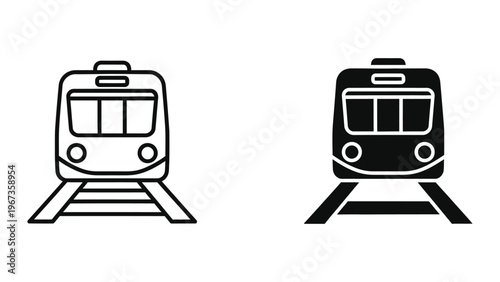 Contrasting styles of modern monorail or tram icons in black and white line art