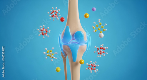 Detailed Illustration of A Human Knee Joint with Molecular Structures Around It, Showcasing The Complexity of Joint Health Concept Creative Innovation