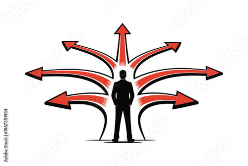 Individual facing multiple directions with arrows indicating diverse choices or paths Vector