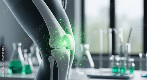 Close-up of A Futuristic Knee Joint Model with Glowing Effects, Set in A Lab Filled with Green Liquids Concept Digital Technology