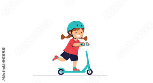 Active young girl wearing a blue helmet and riding a kick scooter while enjoying an outdoor physical activity safely.