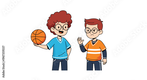 Enthusiastic boy holding a basketball while another boy stands nearby with an unhappy and annoyed expression on face.