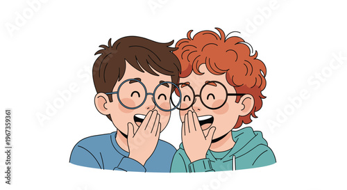 Two young boys with glasses whispering and giggling together while sharing a secret or a funny story at school.