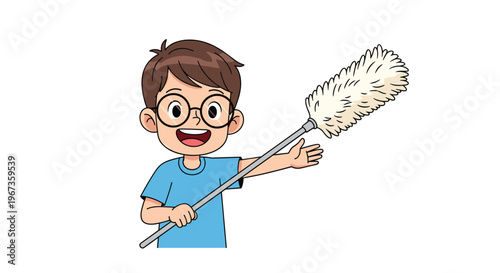 Happy young boy with glasses holding long feathered duster for cleaning chores and household maintenance tasks.