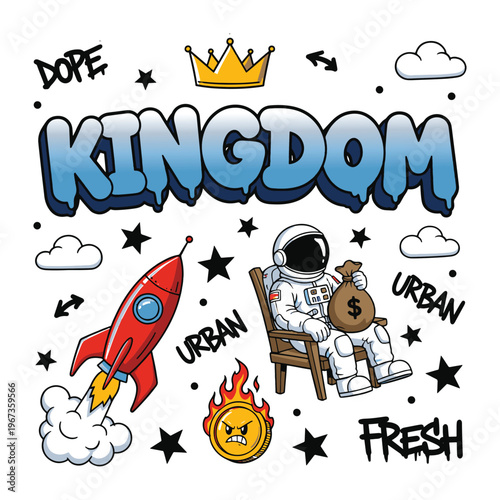 Astronaut sitting on a throne holding a bag of money in a space kingdom vector illustration.