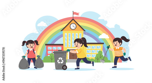 Group of children working together to clean school grounds by collecting trash and using recycling bin under rainbow.