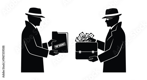 A clandestine exchange of money and a classified file between two figures depicted in striking silhouette high quality professional detailed modern