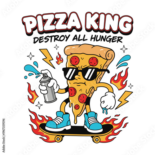 Cool pizza slice character on a skateboard with graffiti spray can and fire vector illustration.
