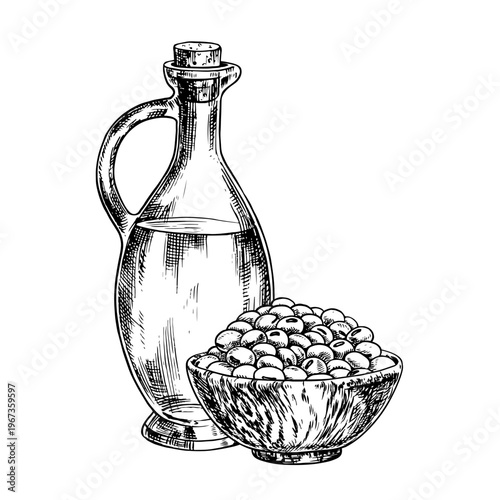 Soybean oil. A glass bottle of oil and a handful of soybeans in a wooden bowl. Black and white vector graphics. For menus, recipes, and cookbooks. For banners, packaging, labels, and more