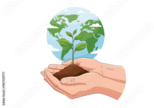 Hands Holding Small Green Earth Globe.